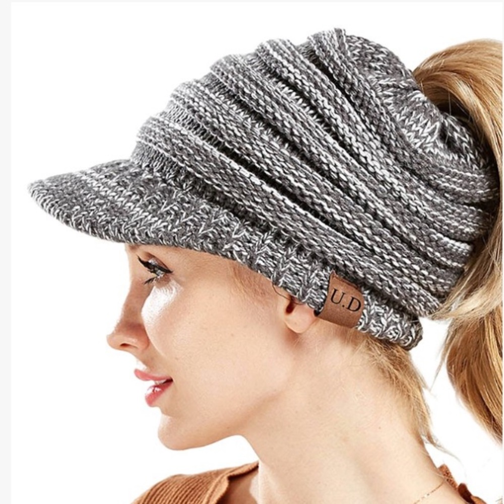 Grey Variegated Brimmed BUN Beanie